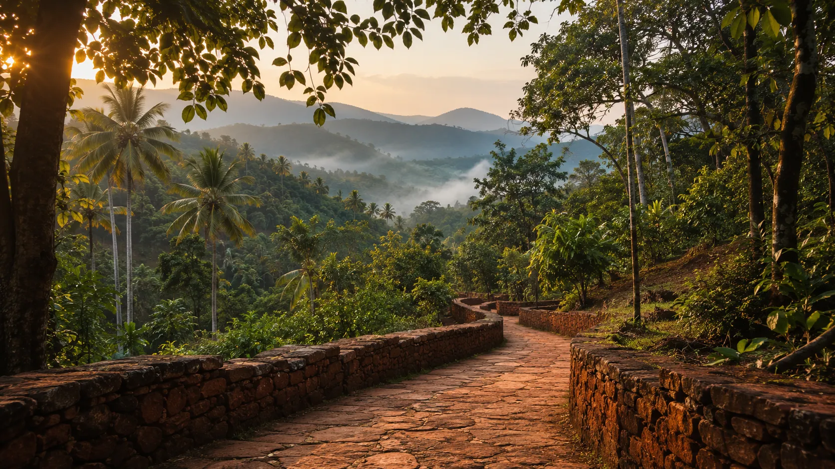 A laterite stone pathway winding through a lush plantation in the foothills of the Western Ghats
