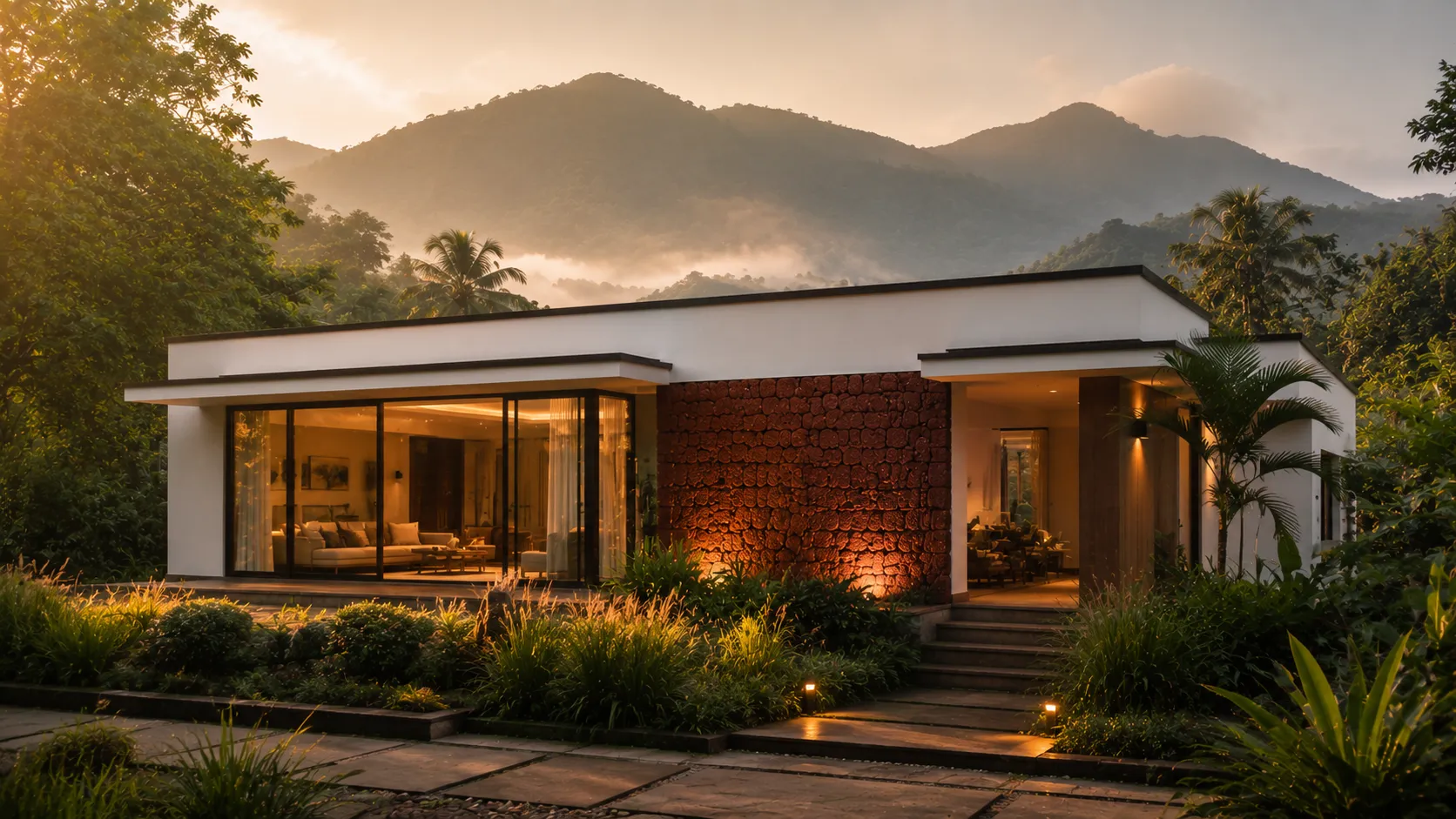 A modern flat-roofed villa with a red laterite accent wall, glowing at golden hour against the Western Ghats