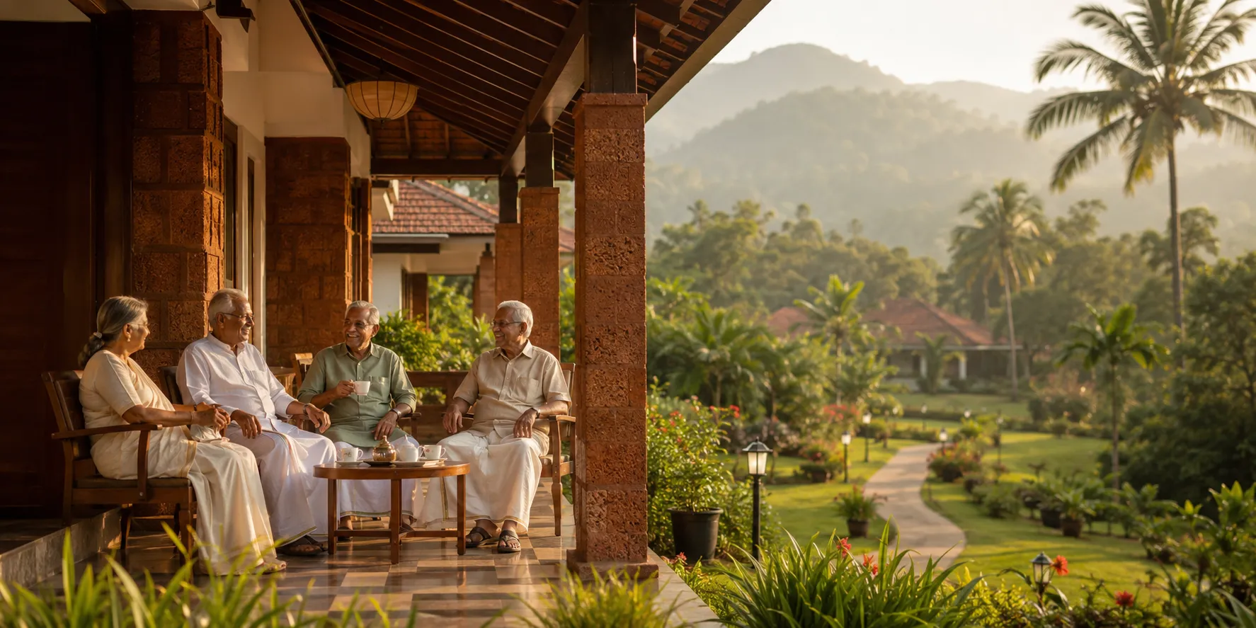 Residents sharing morning tea on a laterite-pillared veranda, with the Western Ghats beyond