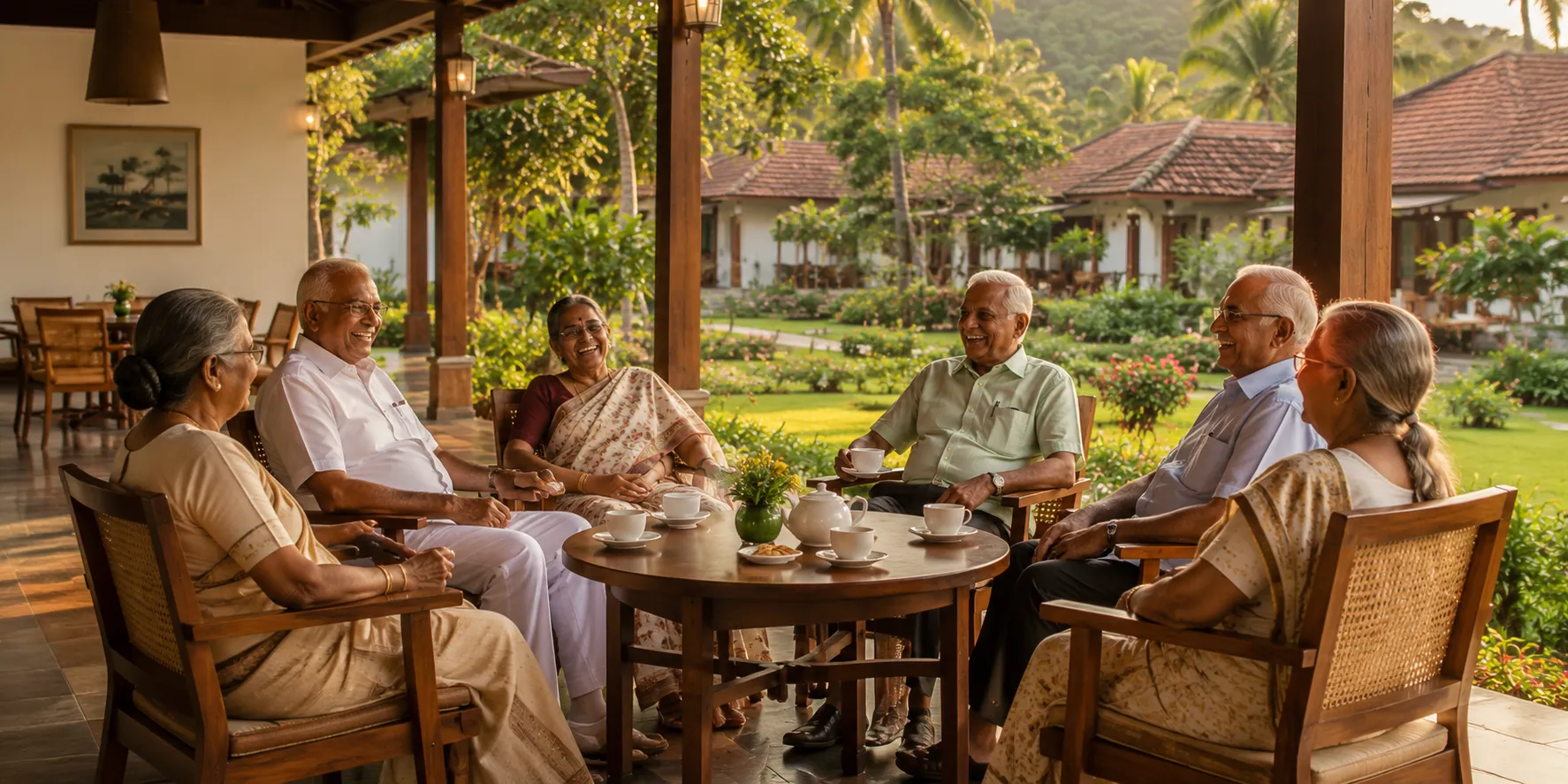 A group of residents laughing together over tea on a tiled veranda, courtyard cottages and gardens beyond